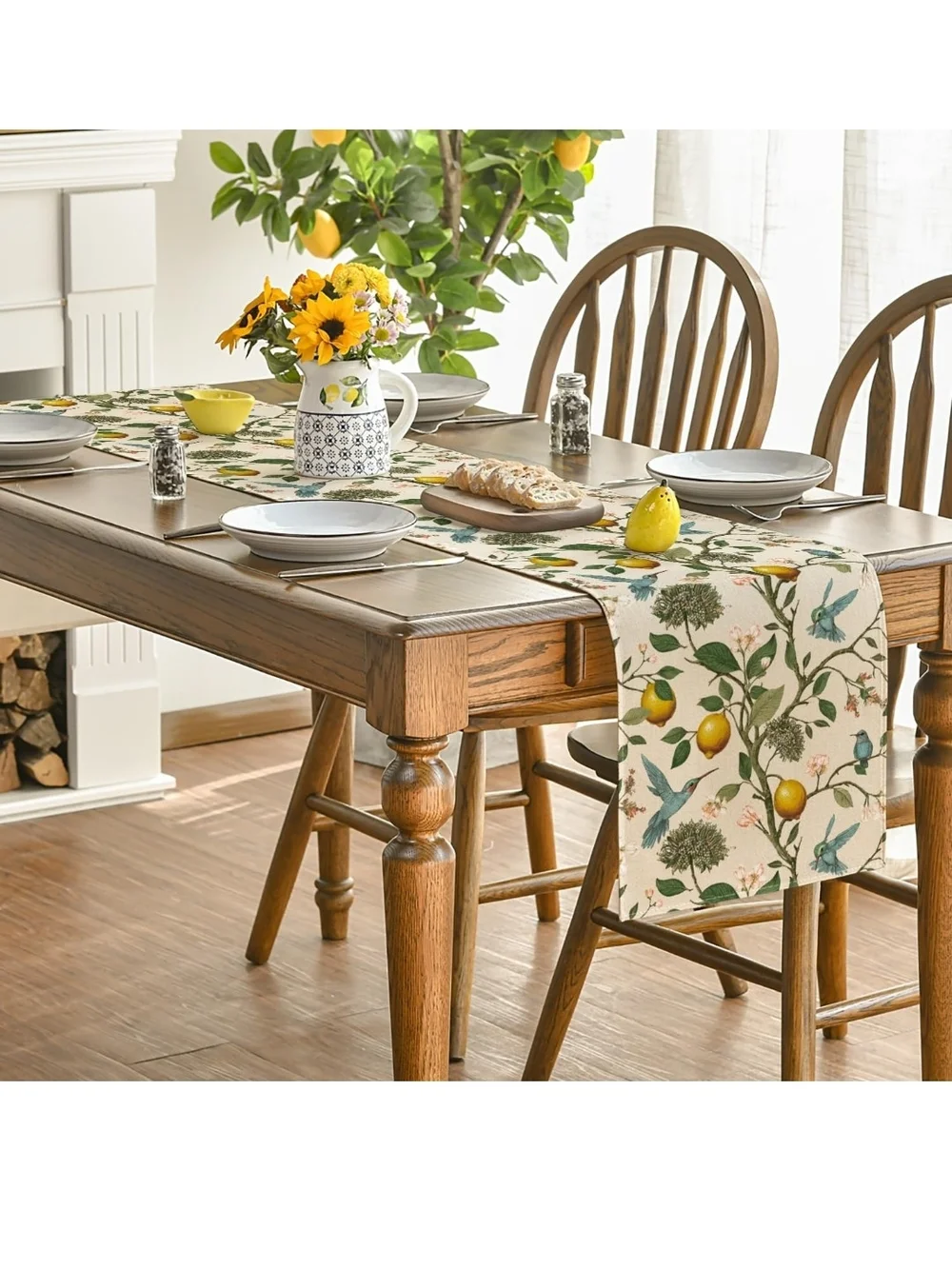 Floral Lemon Table Runner - Cream with Green and Yellow